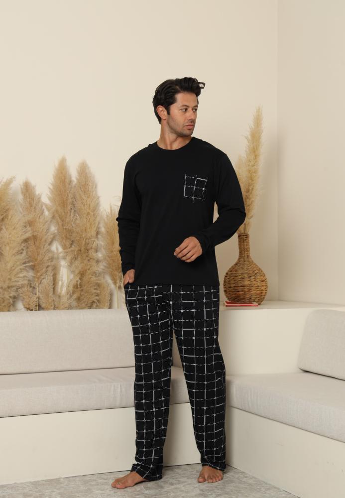 Pijama Barbati ,Maneca si Pantaloni Lungi,Culoare Negru cu Alb,Engros